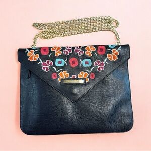 Tannino Cuervo Embroidered Leather Envelope Clutch Removable Gold Chain